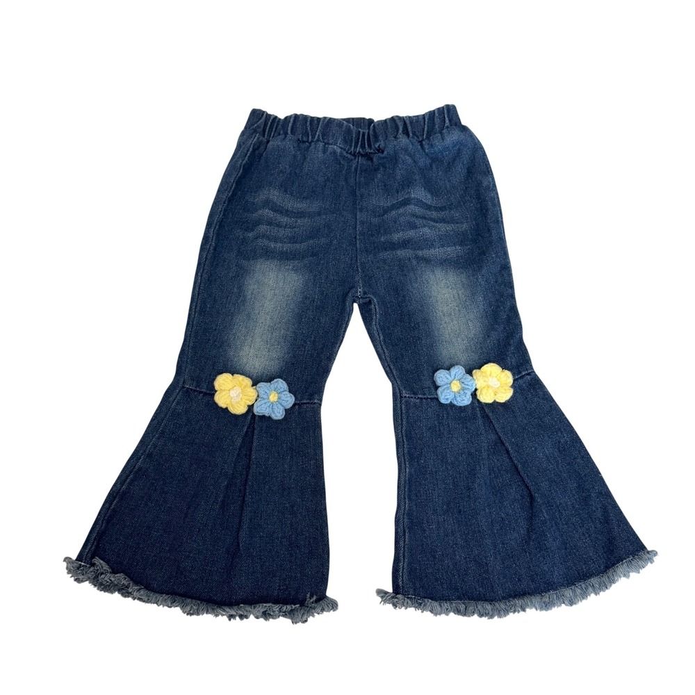 Shein Kids Blue Flare Bell Bottom‎ Jeans Crochet Flower 12-18M Dark Wash Boho